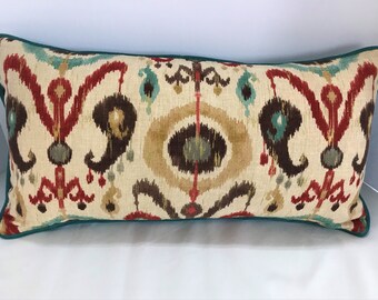 Ikat Print Pillow Cover: Linen Blend, Teal Velvet Piping