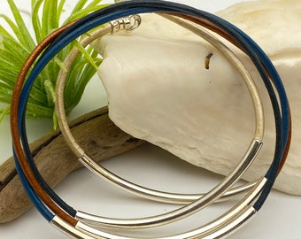 A Bestseller! 4 Strand Genuine High Quality Leather Cord Wrap Bracelet - Platted Silver or Gold Arched Tubes and Magnetic Clasp