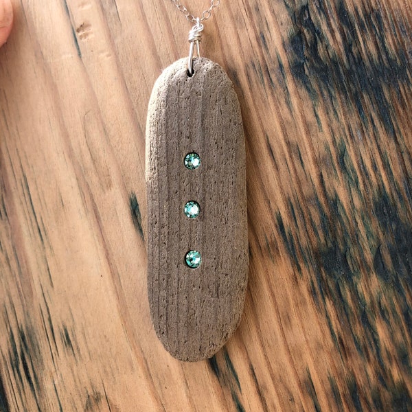 Unique Driftwood Embedded with 3 Aqua Swarovski Crystals