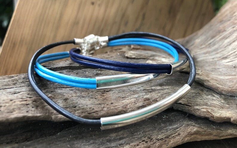 2 Strand Genuine High Quality Leather Cord Bracelet with Platted Silver Arched Tube Bead and Magnetic Clasp 画像 1