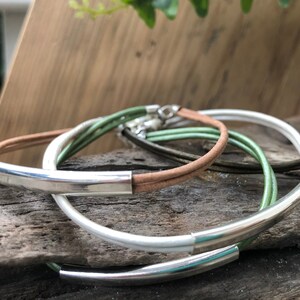 2 Strand Genuine High Quality Leather Cord Bracelet with Platted Silver Arched Tube Bead and Magnetic Clasp image 4