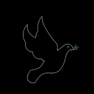 Könnte beinhalten: Eine weiße Silhouette einer Taube, die einen grünen Olivenzweig im Schnabel trägt, vor schwarzem Hintergrund.