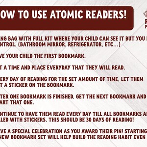 May include: A red and white illustration with the text "HOW TO USE ATOMIC READERS!" and a cartoon character with a book. The illustration lists steps for using a reading program with stickers and bookmarks.
