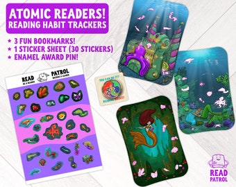 May include: A set of reading habit trackers for kids featuring an under the sea theme. The set includes three bookmarks, a sticker sheet with 30 stickers, and an enamel pin. The bookmarks feature a mermaid, a castle, and a seahorse. The sticker sheet features a variety of sea creatures, including fish, starfish, and sea turtles. The enamel pin features a mermaid with the words "You Can Do It!" and "Reading Rocks!" The set is designed to encourage kids to read and track their progress.