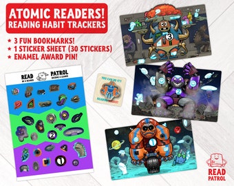 May include: A set of reading habit trackers for kids featuring a colorful cartoon robot design. The set includes 3 bookmarks, 1 sticker sheet with 30 stickers, and an enamel award pin. The sticker sheet features a variety of robot designs with numbers 1, 2, and 3.