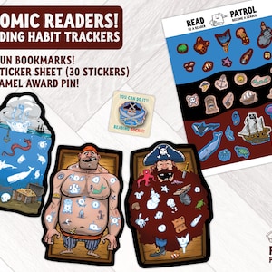 May include: A set of three pirate-themed reading habit trackers. The trackers feature a pirate captain, a pirate ship, and a treasure chest. The set includes three bookmarks, a sticker sheet with 30 stickers, and an enamel award pin. The text "ATOMIC READERS! READING HABIT TRACKERS" is at the top of the image. The text "READ PATROL" is at the bottom of the image.