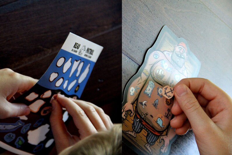 May include: A sticker activity set featuring a cartoon pirate with a variety of tattoos. The set includes a sheet of stickers with different designs, including an anchor, a whale, and a skull. The stickers can be placed on the pirate's body to create a unique look.