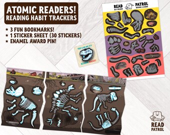 May include: A set of three reading habit trackers featuring dinosaur skeletons. The trackers are divided into three sections, each with a different dinosaur skeleton. The set also includes three fun bookmarks, a sticker sheet with 30 stickers, and an enamel award pin.