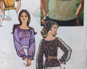 Simplicity 9827, Peasant Blouse, Gathered Neckline Top, Pullover Shirt, Hippie Blouse, Vintage 1970s Sewing Pattern, Size Med, Bust, 34, 36