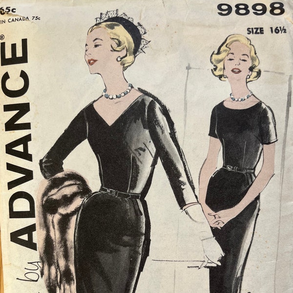 Advance 9898, Fitted Sheath Dress, Wide Neck Dress, V-Neck Dress,  1950s Wiggle Dress,Size 16.5, Bust 37,
