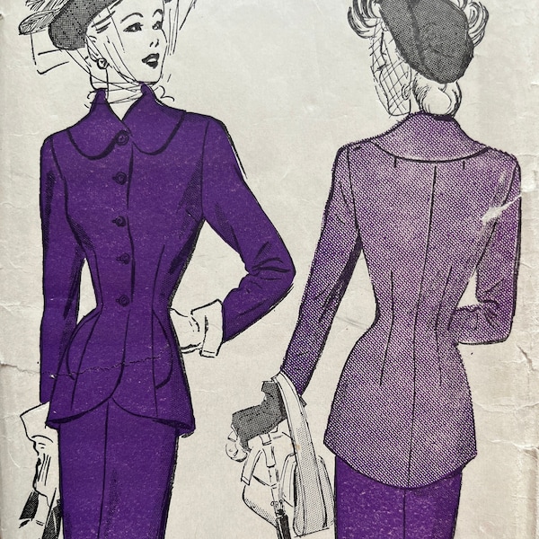 Advance 4682, 1940s Woman's Suit Pattern, Fitted Jacket with Fold Over Collar, Slim Skirt, 1940s Sewing Pattern, Size 18, Bust 36