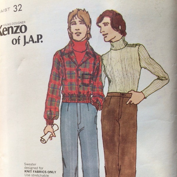 Butterick 6789, Kenzo of J.A.P., Trucker Jacket, Turtleneck Sweater, Fly Front Pants,  Flared Pants, Transitional Jacket,  Bust 38