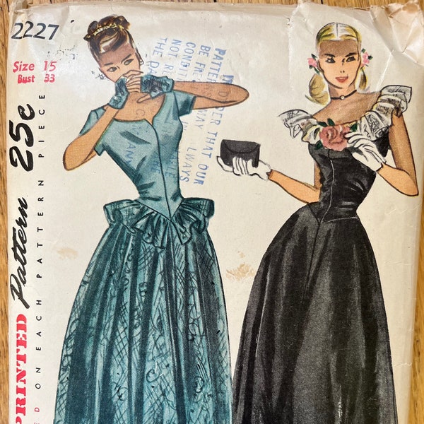 Simplicity 2227, Cut and Complete, 1940s Formal Dress, Ball Gown, Formal Lace Gloves, Fitted Waist, Ruffles Neckline, Size 15, Bust 33