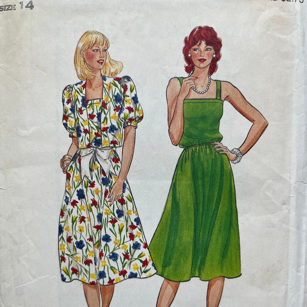 Butterick 4282, Square Neck Sundress, Cropped Jacket, Puff Sleeve Jacket, Elastic Waist Dress, 1970s Sundress, Size 14, Bust 36