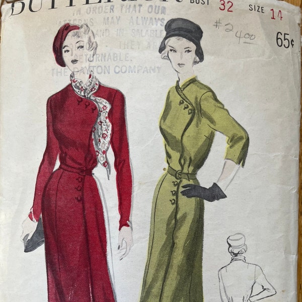 Butterick 5035, Cut and Complete, 1940s Coat Dress, Shaped Front, Paneled Skirt, Defined Waist, Three Quarter Sleeves, Size 14, Bust 32