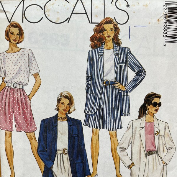 McCalls 6383, Uncut, Loose Pleated Shorts, Pleated Pants, Woven T-Shirt, Box Top, Boyfriend Jacket, Size 14-16-18, Bust 36, 38, 40