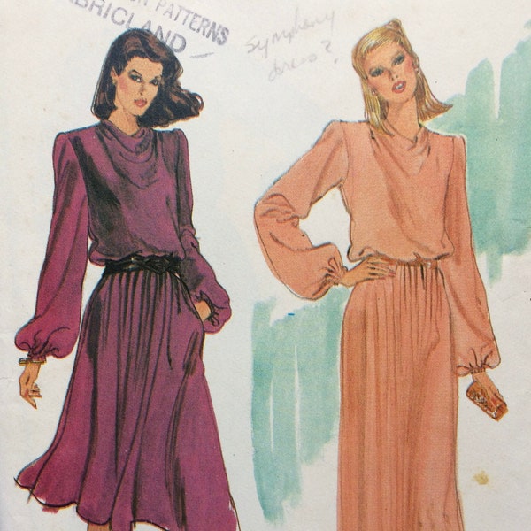 Vogue 7773, Bishop Sleeve Dress, Draped Neck Dress, Blouson Dress, Pullover Dress, 1970s Maxi Dress, Size 10, Bust 32.5