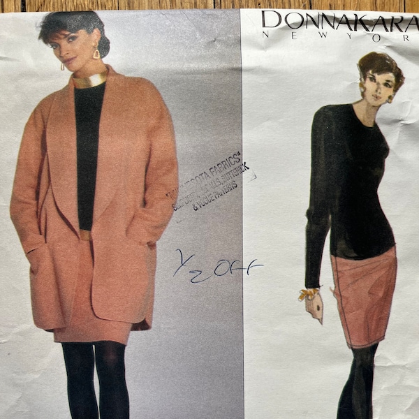 Vogue 2796, Uncut, Donna Karan,  Shawl Collar Jacket, Shaped Hem Coat, Color Block, American Designer, Size 8-10-12, Bust 31.5, 32.5, 34