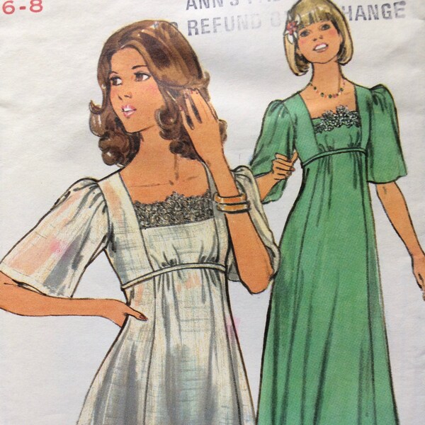 Butterick 4749, Square Neck, Empire Waist, Maxi Dress, 1970s Tie Back Dress, 1970s Smock, Size 6-8, Bust 30.5, 31.5