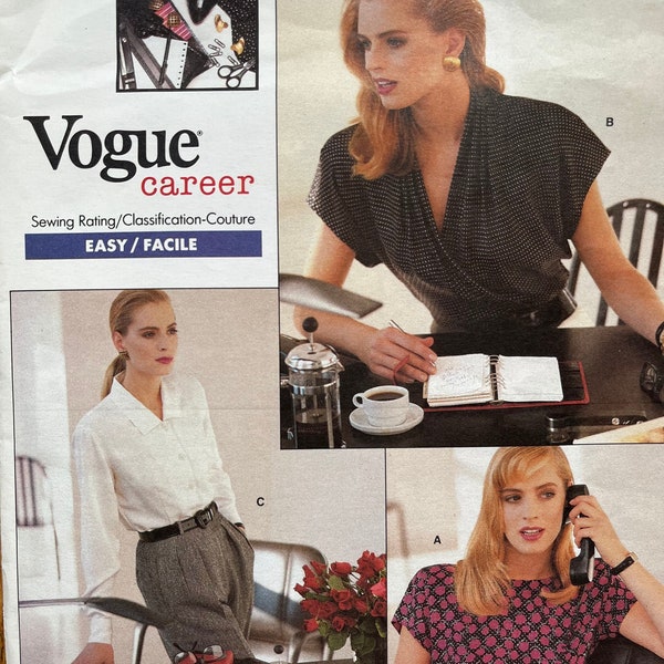 Vogue 2069, Uncut, Anne Klein, Vogue Career, Wrap Front Blouse, Pullover Woven Tee, Classic Blouse, Size 6-8-10, Bust 30.5, 31.5, 32.5