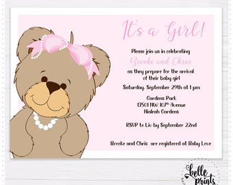 Pink Teddy Bear Baby Shower. Personalized baby shower invitation, custom wording and color.  Baby Sprinkle Invitation.