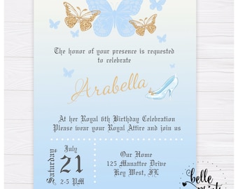 Cinderella Butterfly Birthday Invitation personalized with your custom wording. Instantly Edit Digital Template Download in Corjl.