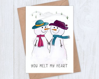 Snow Couple Christmas Card for Boyfriend or Girlfriend - You melt my heart - Updated Design