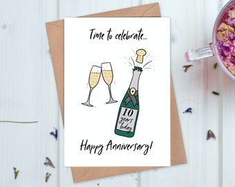 Champagne 10th Anniversary Card - 10 Year Anniversary Card