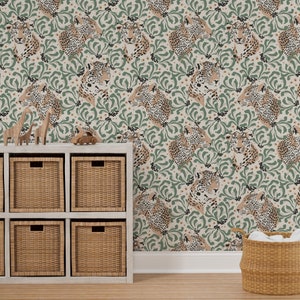 Leopards and Leaves Wallpaper, LARGE removable wallpaper, leopard wallpaper, nature wallpaper, country style decor, leaves, foliage, wild