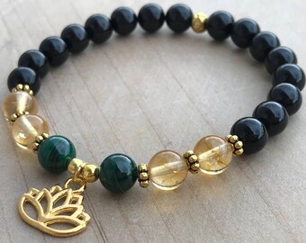 Good luck Bracelet, Malachite Bracelet, Citrine Bracelet, Black Tourmaline Bracelet, Lotus Flower, Yoga Bracelet, Spiritual Bracelet