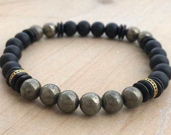 Men's Prosperity Bracelet, Pyrite Bracelet, Black Onyx Bracelet, Mala Bracelet, Yoga Bracelet, Spiritual Bracelet, Energy Bracelet