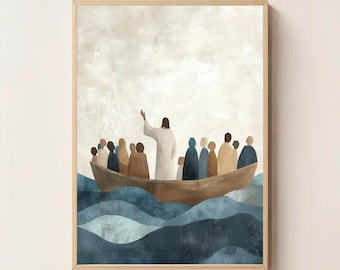 Hij kalmeert de storm, Jezus afdrukbare kunst, christelijke afdrukbare kunst, minimalistische religieuze digitale download, bijbelkunst