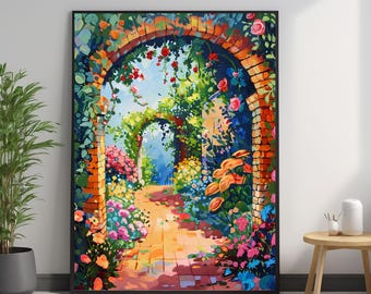 Enchanted Garden Archway Digital Art – Vibrant Floral Landscape Printable Wall Decor, Colorful Pathway Painting Download