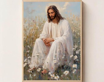 Jesus in a Meadow of Light Digital Wall Art - Christian Printable | Faith-Based Religious Home Decor | Instant Download Spiritual Art
