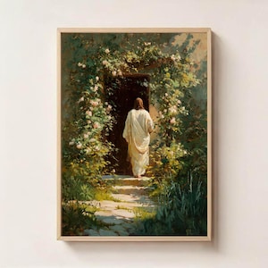 Jesus knackar på dörren konsttryck, Jesus väggkonst, Jesus utskrivbar, religiös heminredning, trosbaserad konst, kristen konsttryck, bibelkonst bild 1