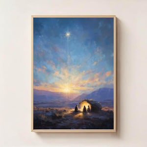 Guiados por la Luz – Impresión digital de la Estrella de Belén, Arte mural navideño de la Natividad, Escena del Cielo Nocturno Sagrado, Decoración de fe cristiana