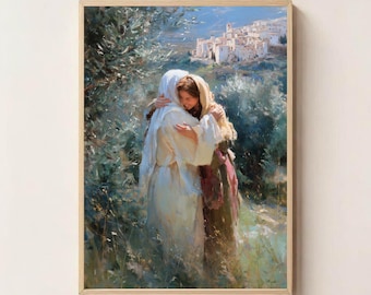 María y Isabel – Escena bíblica de la Visitación, tierna lámina de arte espiritual, Virgen María y Santa Isabel, decoración cristiana para el hogar
