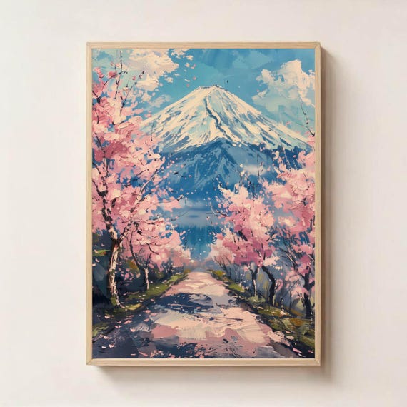 Mount Fuji Wall Art – Japan Printable with Cherry Blossoms, Digital Download Japanese Landscape, Sakura Mountain Print