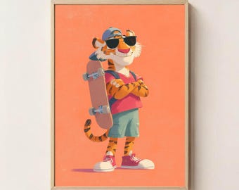 Cool Tiger Skateboard Wall Art | Kids Room Animal Poster | Fun Nursery Printable Decor