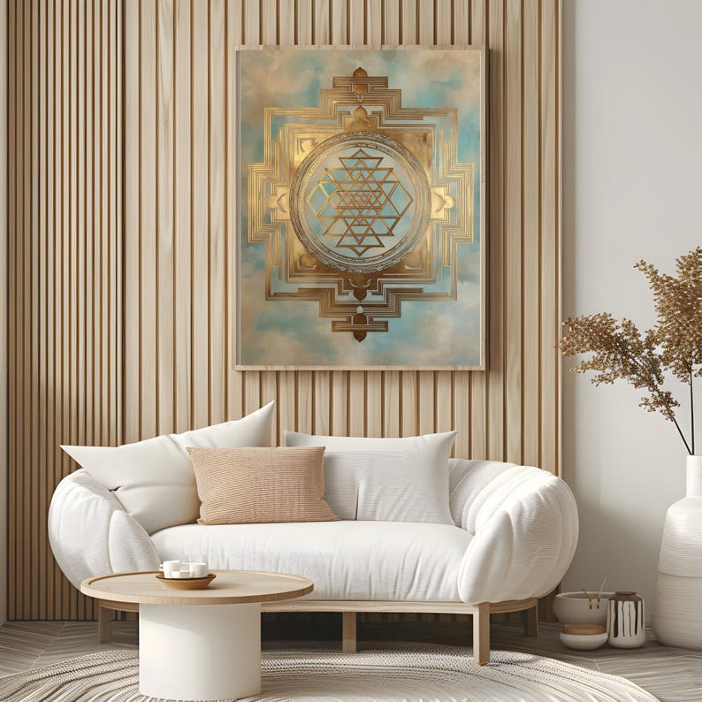 K&ouml;nnte beinhalten: Ein gold- und t&uuml;rkisgr&uuml;ner geometrischer Kunstdruck h&auml;ngt &uuml;ber einem wei&szlig;en Sofa mit einem hellbraunen Kissen. Das Kunstwerk zeigt ein detailliertes, symmetrisches Design mit einem zentralen kreisf&ouml;rmigen Element. Der Raum hat eine moderne, minimalistische &Auml;sthetik.