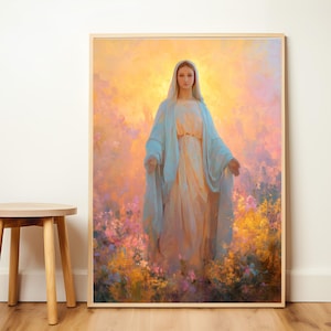 Queen of Heaven – Blessed Virgin Mary Print, Catholic Wall Art, Marian Devotion, Christian Religious Painting, Holy Mother Artwork image 4