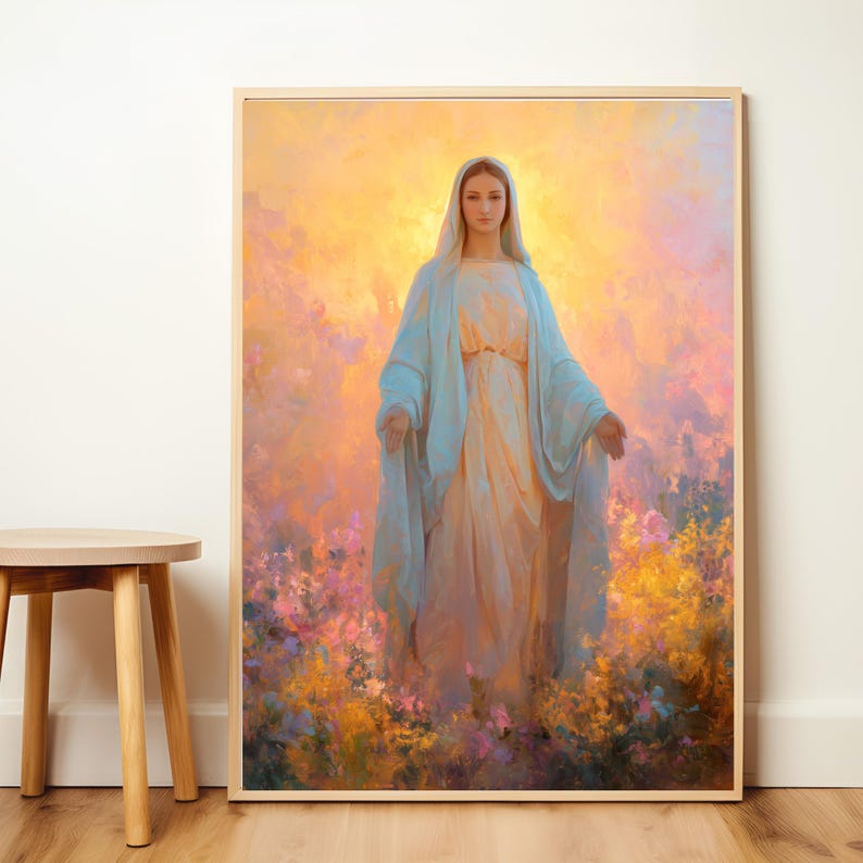 Queen of Heaven – Blessed Virgin Mary Print, Catholic Wall Art, Marian Devotion, Christian Religious Painting, Holy Mother Artwork image 4