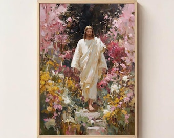 Jesus with Flowers Painting, Jesus Wall Art, Jesus Printable, Religious Home Decor, Faith Based Art, Christian Art Print, Bible Art