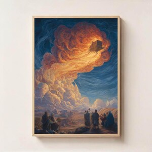 May include: A framed art print depicting a celestial scene. A carriage floats in a fiery cloud against a blue sky. Figures in robes stand on a rocky landscape, gazing upwards. The artwork is framed in a light wood.