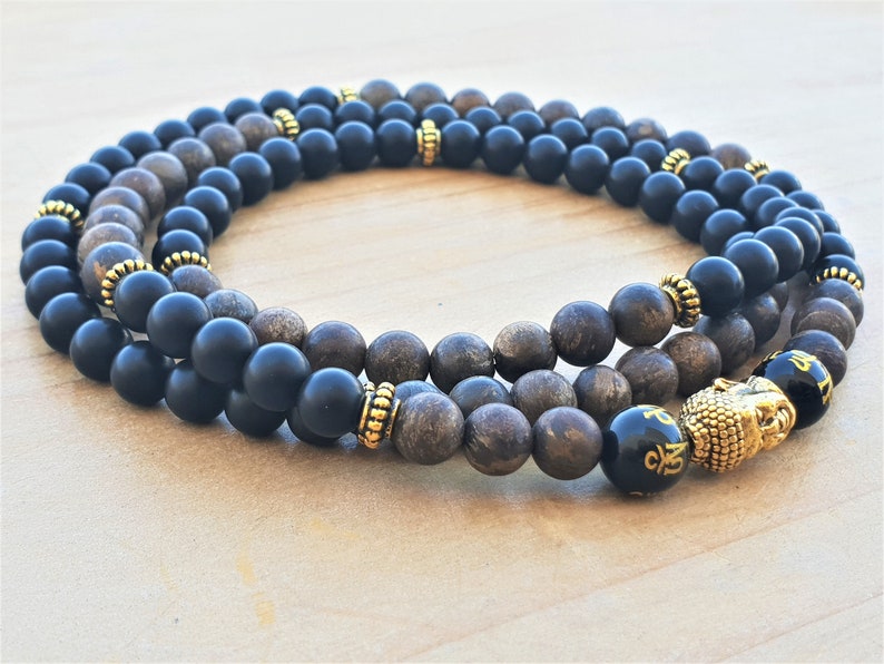 Yoga Bracelet 108 Wrap Bracelet Spiritual Bracelet Buddha Bracelet Wrist Mala Bronzite Black Onyx Boho Mala Beads Energy Bracelet