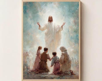 Cuadro decorativo "Jesús bendice a una familia", lámina cristiana para imprimir, decoración religiosa para el hogar, obra de arte sobre la fe, regalo cristiano inspirador para el hogar, arte de Jesús.