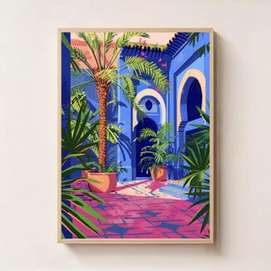 Moroccan Courtyard Wall Art – Blue and Pink Digital Print of Exotic Garden Archway – Instant Download Travel Decor – Marrakech Inspired Art