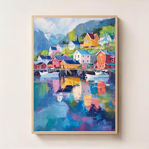 Grafika ścienna z Norwegii – Kolorowy obraz cyfrowy skandynawskiej wioski rybackiej – Pobierz nordycki krajobraz nadmorski – Plakat podróżniczy do Norwegii