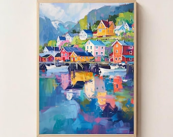 Impressão de arte de parede da Noruega – Pintura digital colorida de uma vila de pescadores escandinava – Download de paisagem costeira nórdica – Pôster de viagem à Noruega