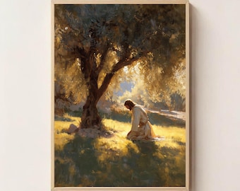 In the Garden of Gethsemane – Jesus Praying Under the Olive Tree, Christian Wall Art, Biblical Painting, Religious Devotional Print